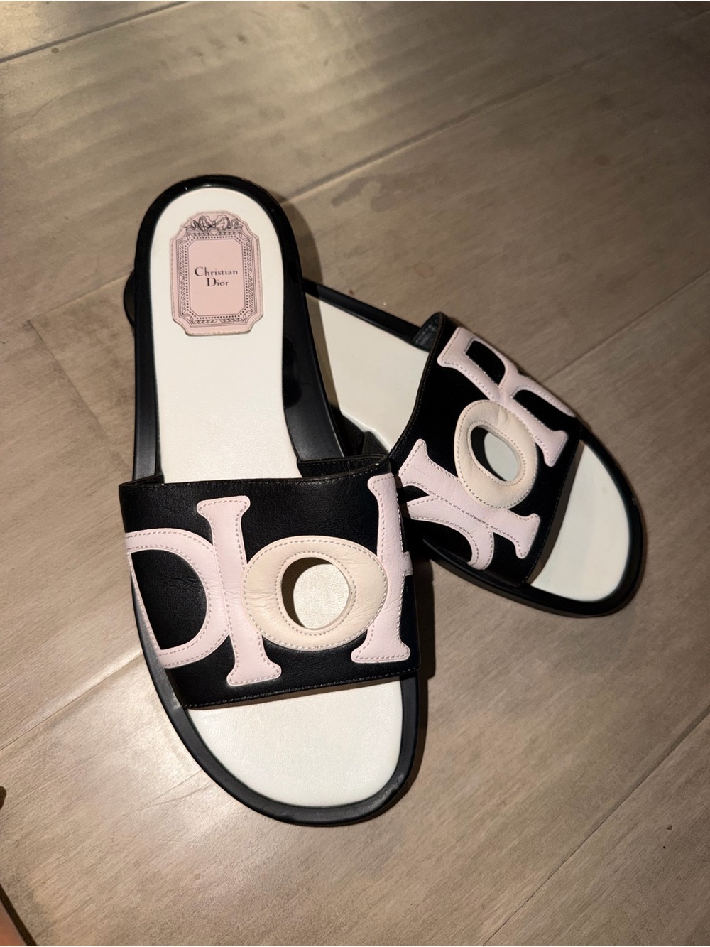 Dior Black Slide Sandals with Pale Pink Logo